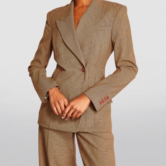 Simkhai Dorit Blazer Teak Brown Double Breasted Jacket Size 00 Houndstooth Tweed - Picture 1 of 11